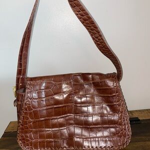 Brown Genuine Leather Crocodile Embossed Womens Saddlebag Purse